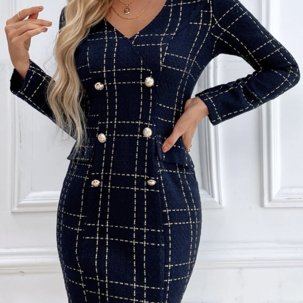 Button detail Plaid Tweed Dress